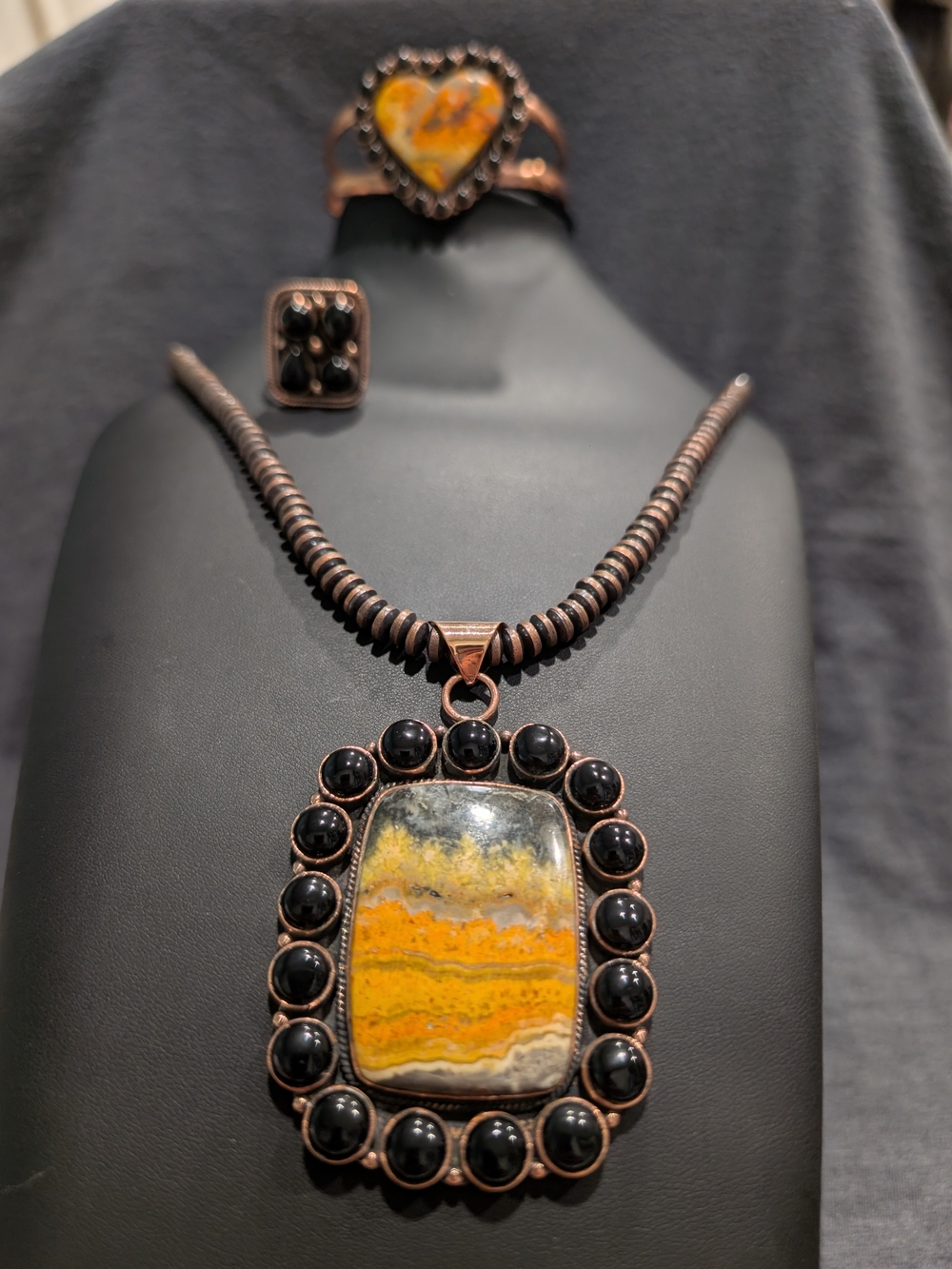 Copper Bumble Bee Turquoise & Black Onyx Pendant, Ring And Cuff